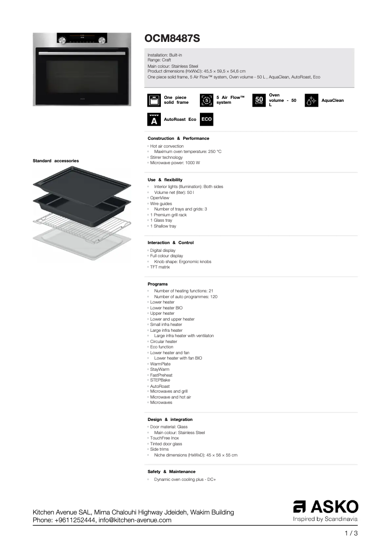 Page 1 de la notice Fiche technique Asko OCM8487S