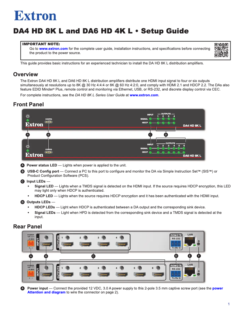 Page 1 of the manual User Manual Extron DA HD 8K L