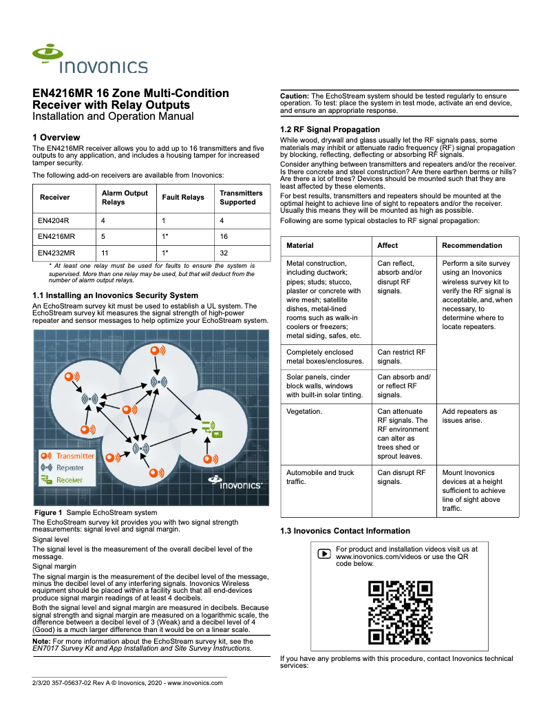 Page 1 de la notice Manuel utilisateur Inovonics EN4216MR