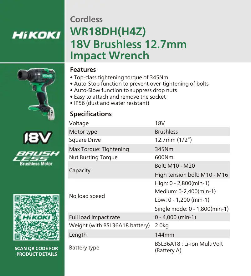 Page 1 de la notice Fiche technique HiKOKI WR18DH