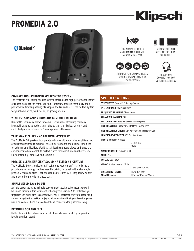 Page 1 de la notice Fiche technique Klipsch ProMedia 2.0