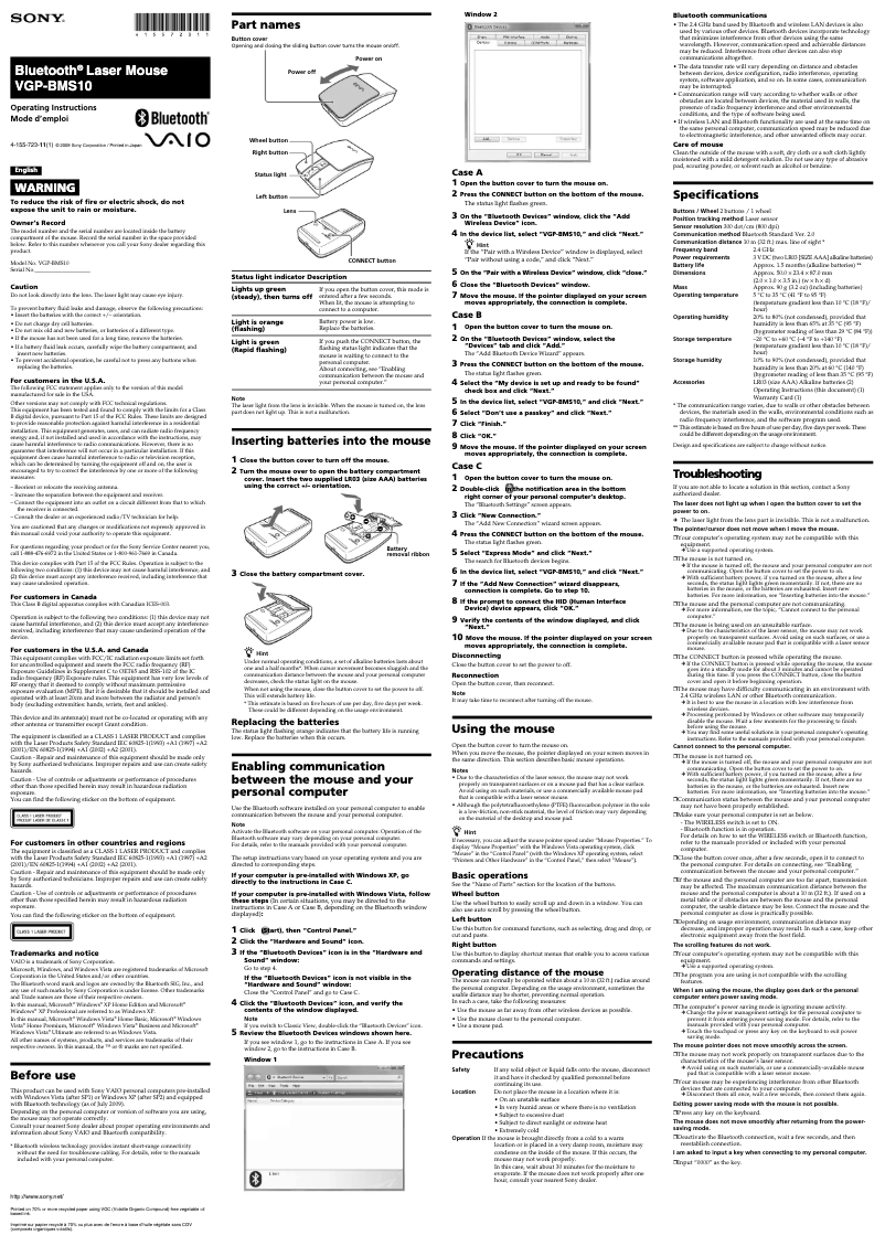 Page 1 of the manual User Manual Sony VGP-BMS10
