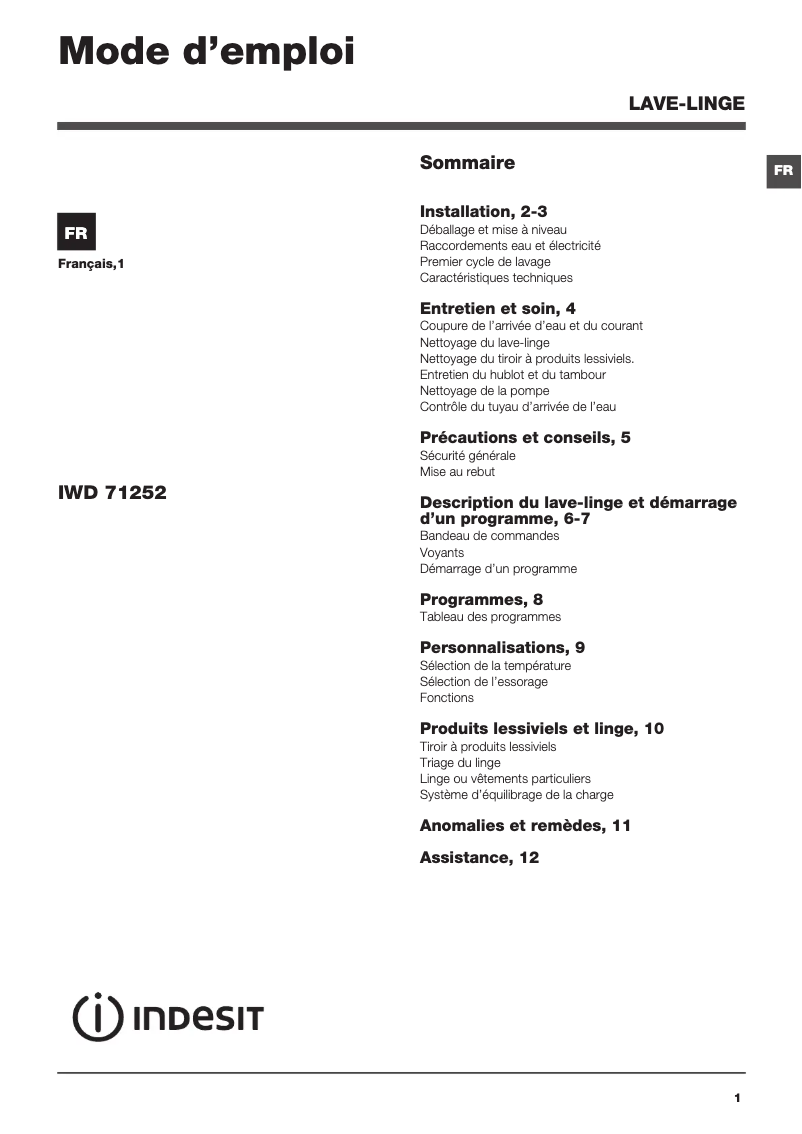Page n°1 - Manuel utilisateur Indesit IWD 71252