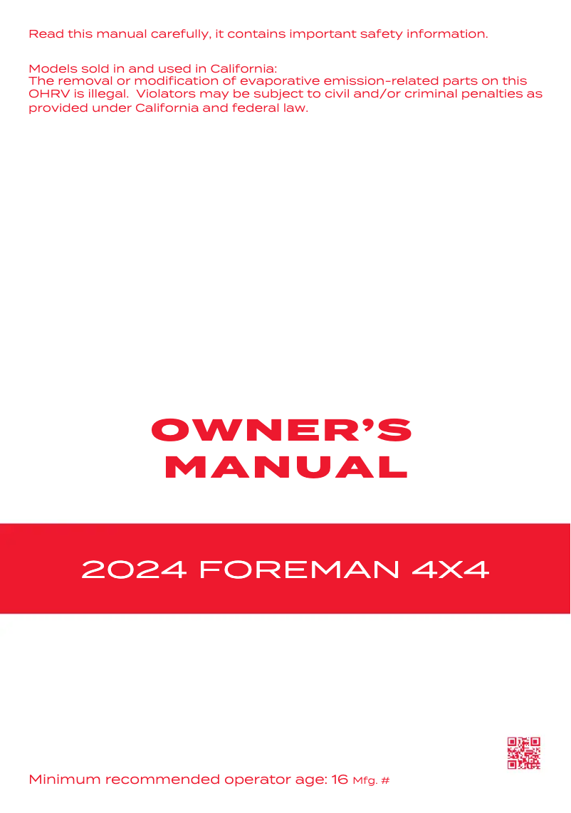 Page 1 de la notice Manuel utilisateur Honda Fourtrax Foreman 4X4 (2024)