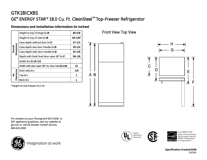 Page n°1 - Fiche technique GE GTK18ICXBS