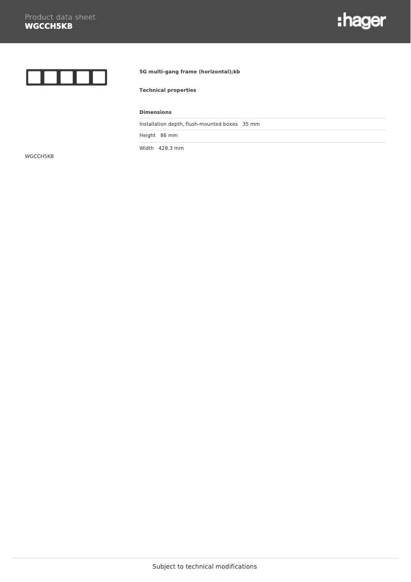 Page 1 of the manual Technical Sheet Hager WGCCH5KB