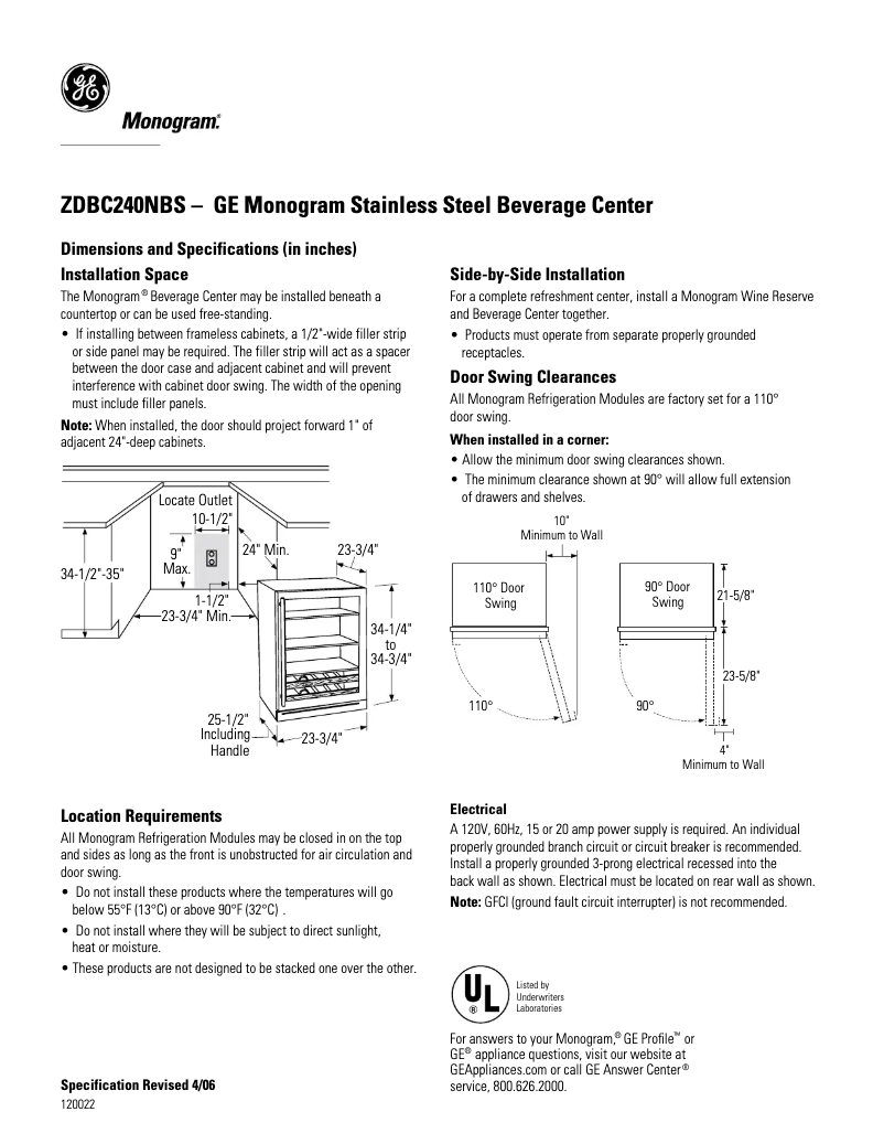 Página 1 del manual Ficha técnica GE ZDBC240NBS