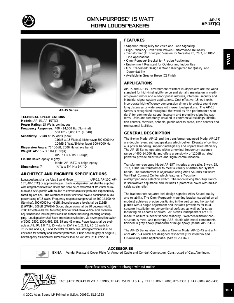 Page 1 de la notice Manuel utilisateur Atlas Sound AP-15TC