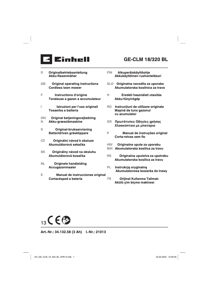 Page 1 de la notice Manuel utilisateur Einhell GE-CLM 18/320 BL