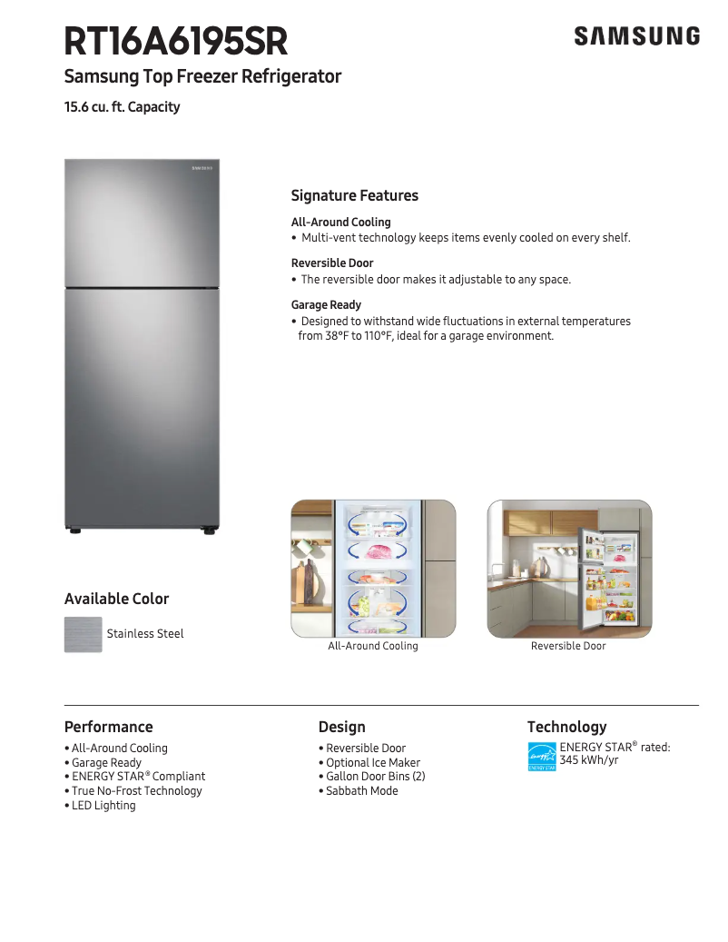 Page 1 de la notice Fiche technique Samsung RT16A6195SR