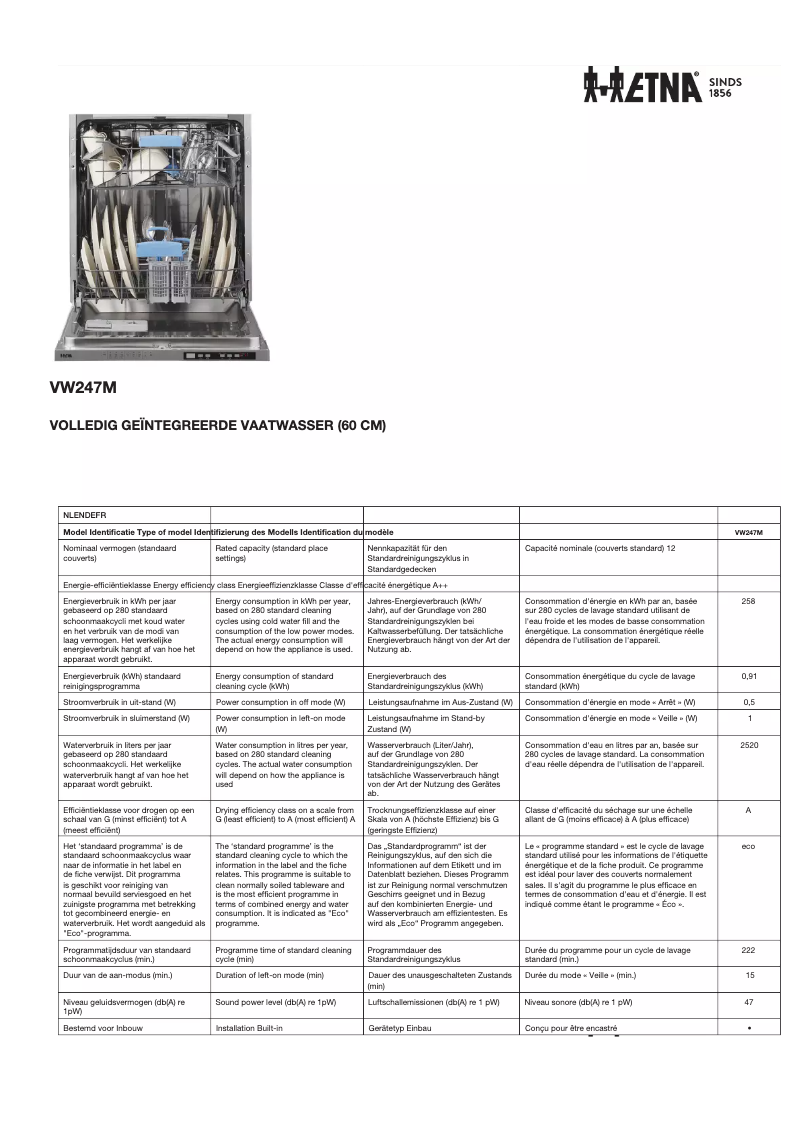 Page 1 de la notice Fiche technique Etna VW247M