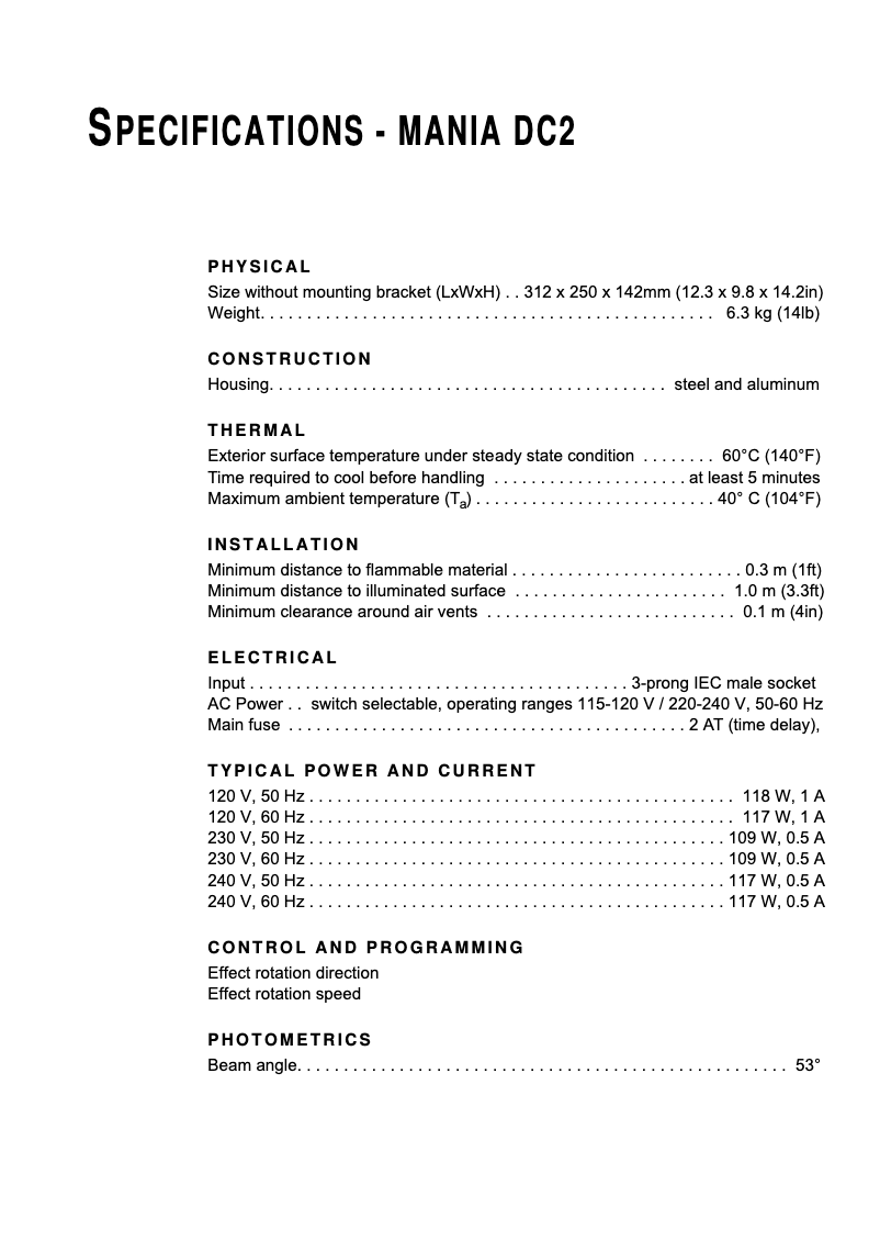 Page 1 of the manual Technical Sheet Martin Mania DC2