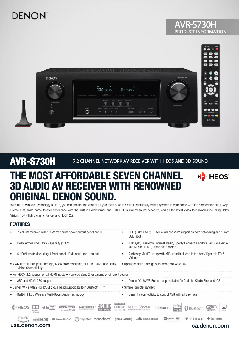 Page 1 de la notice Fiche technique Denon AVR-S730H