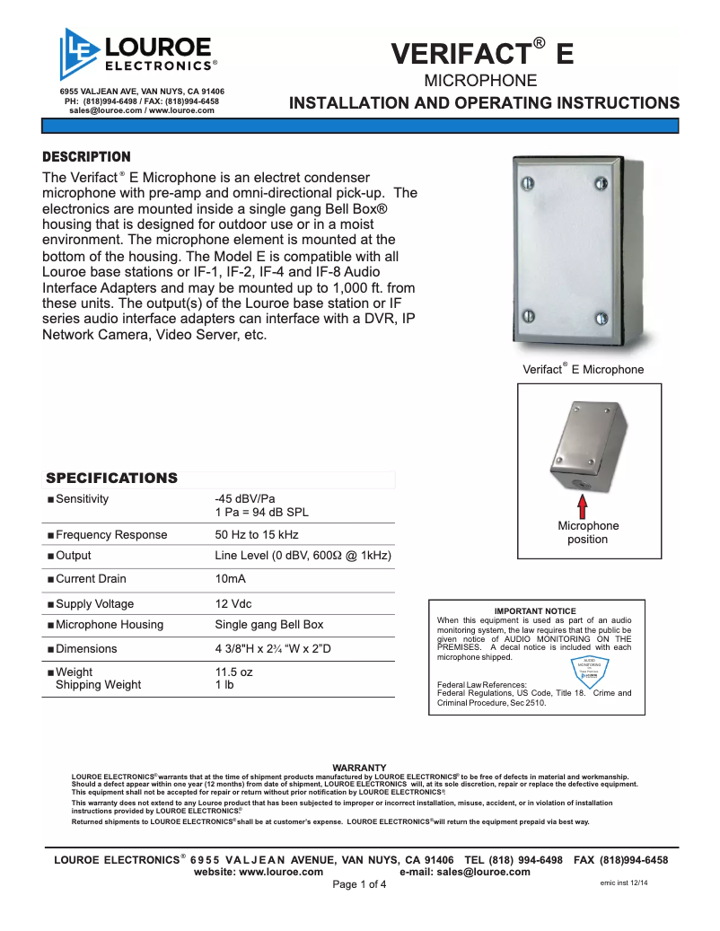 Page 1 of the manual User Manual Louroe Electronics Verifact E