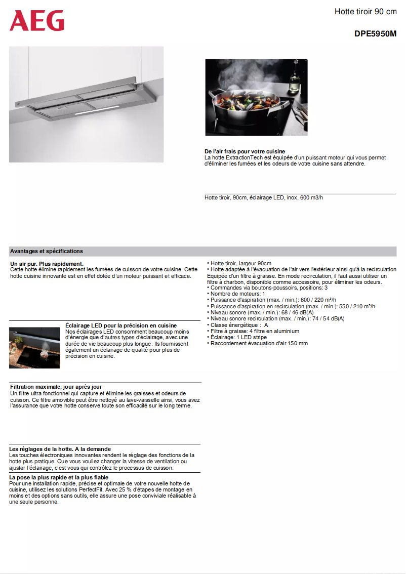 Page 1 de la notice Fiche technique AEG DPE5950M