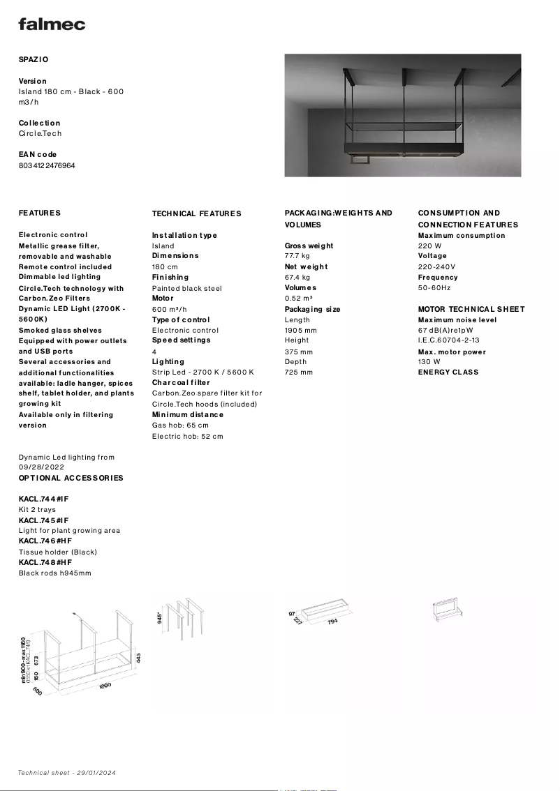 Página 1 del manual Ficha técnica Falmec Spazio