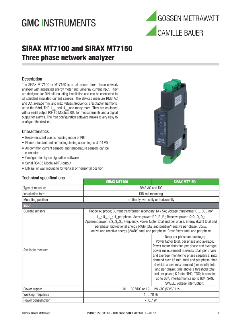 Page 1 de la notice Fiche technique Camille Bauer SIRAX MT7100