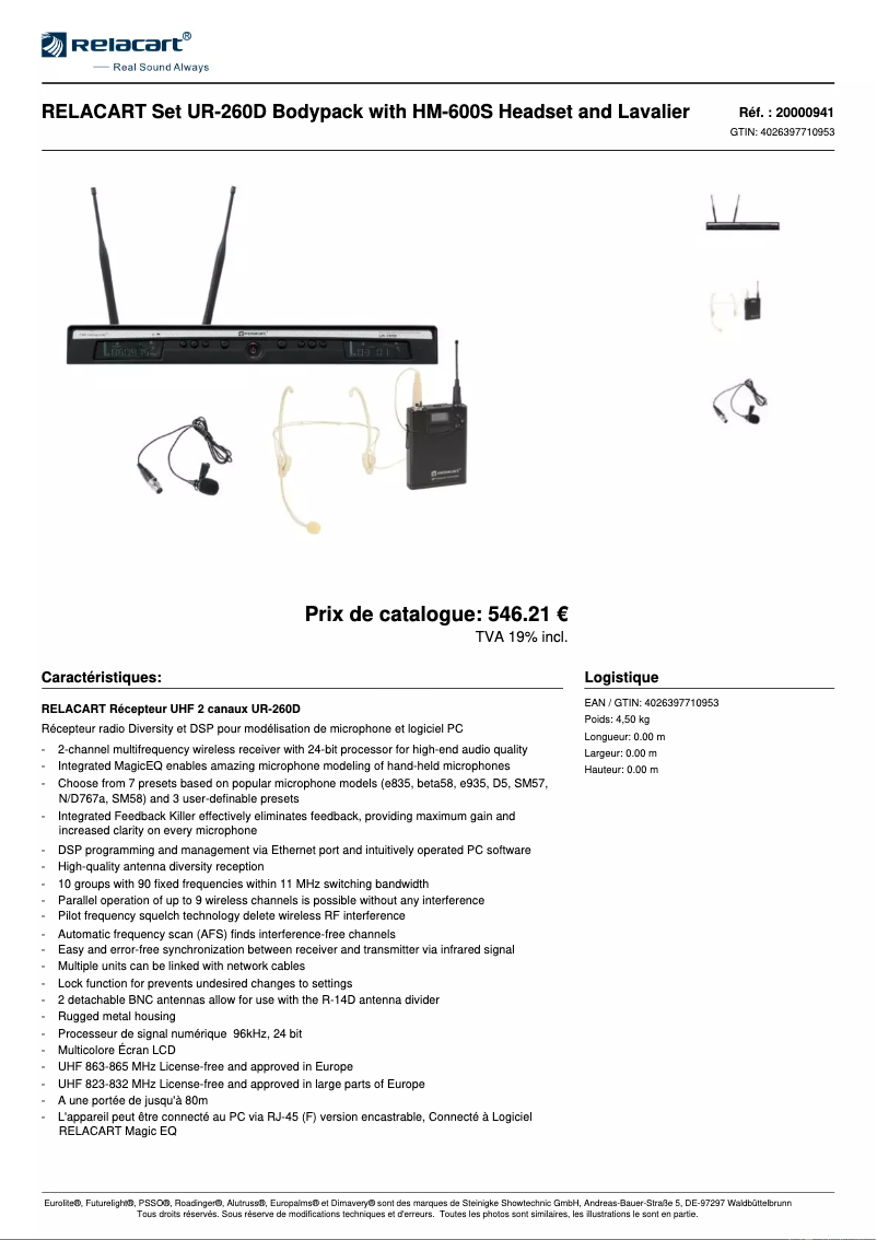 Page 1 de la notice Fiche technique Relacart UR-260D
