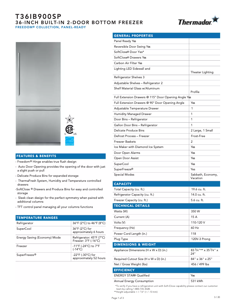 Página 1 del manual Ficha técnica Thermador T36IB900SP