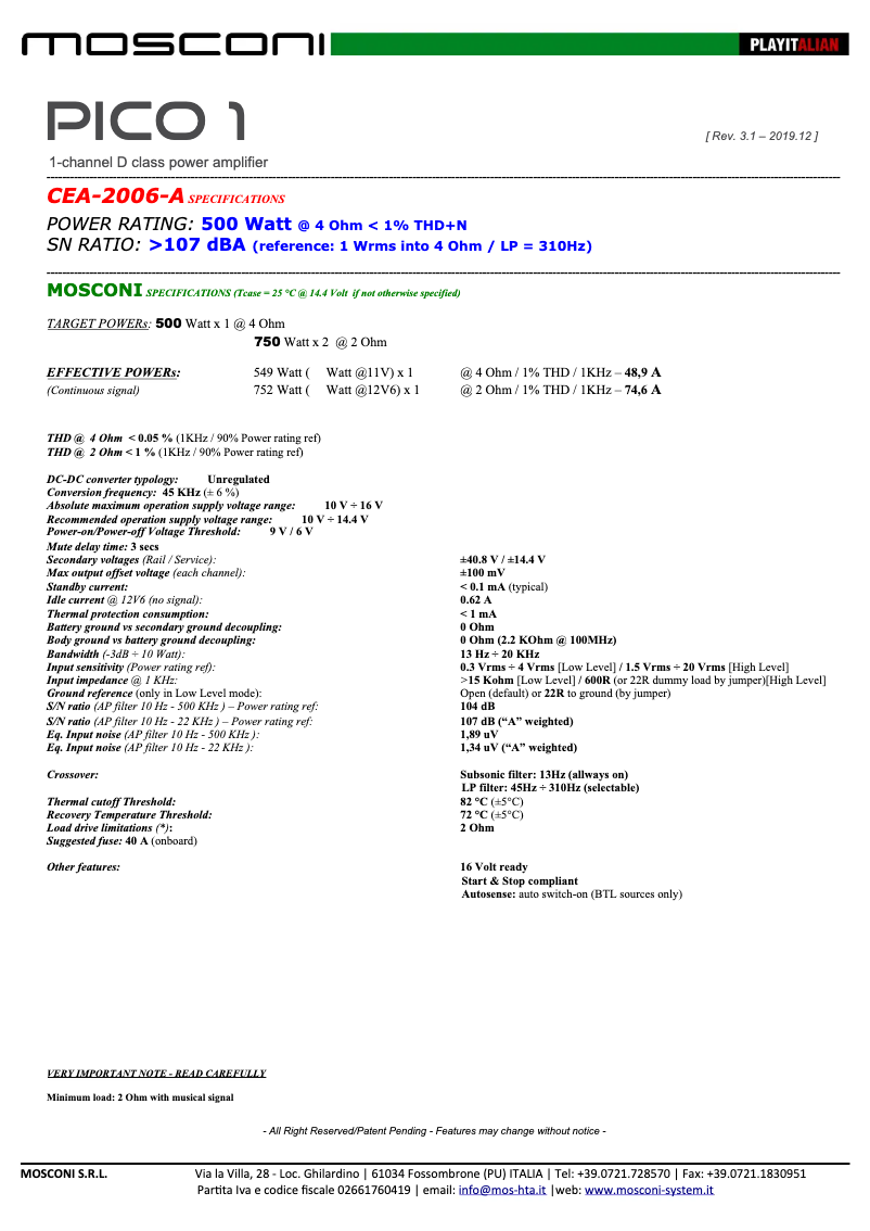Page 1 de la notice Fiche technique Mosconi Gladen Pico 1