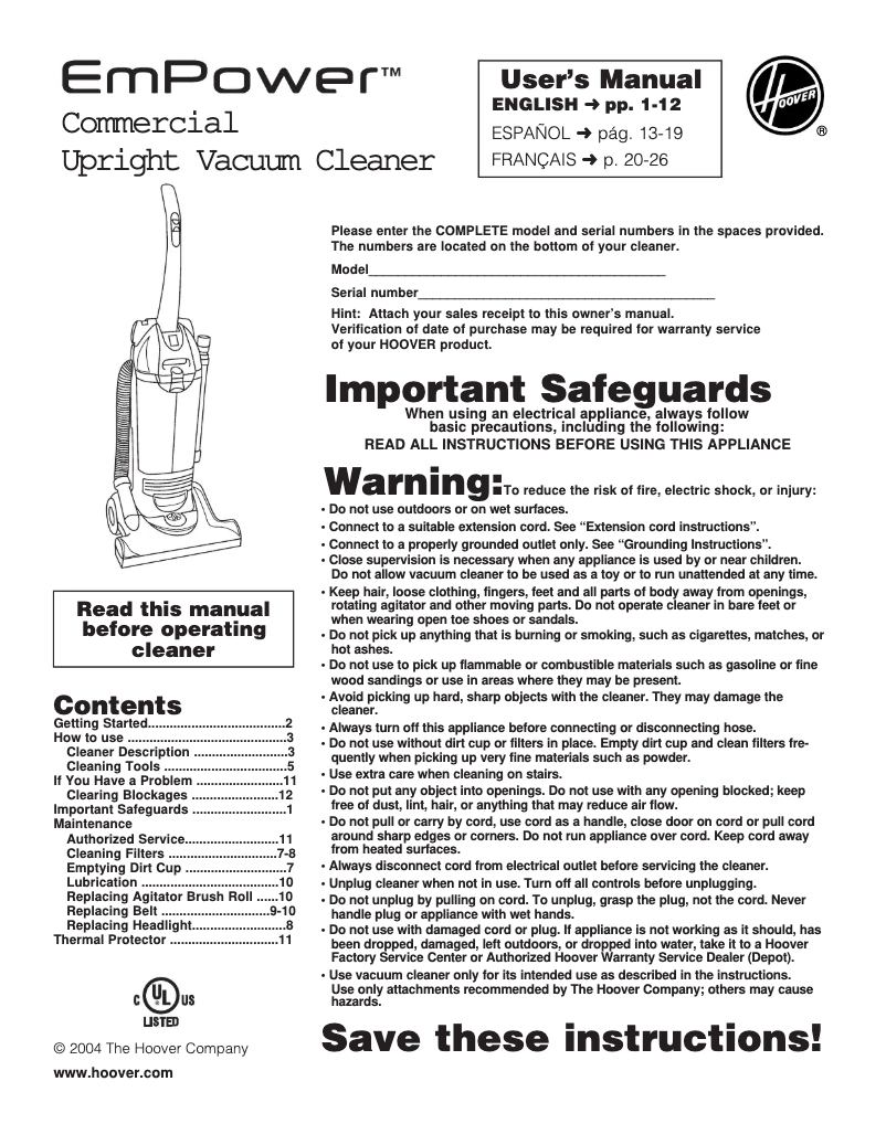 Página 1 del manual Manual de instrucciones Hoover Commercial Hush C1660900