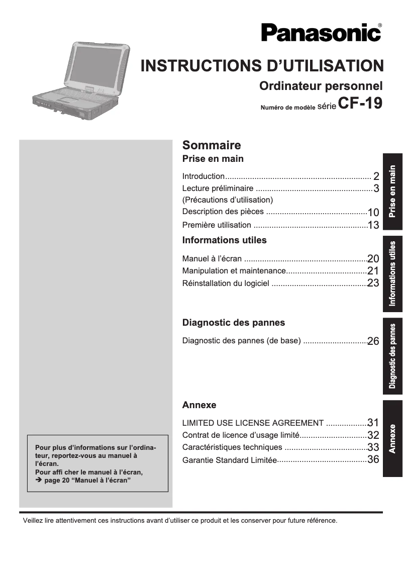 Page 1 de la notice Manuel utilisateur Panasonic Toughbook 31