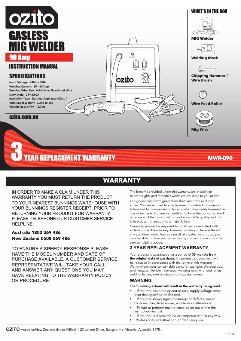 Page 1 de la notice Manuel utilisateur Ozito MWR-090