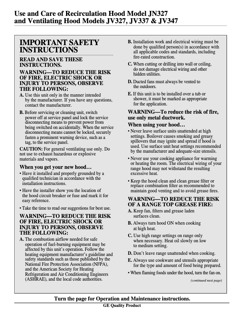 Page 1 de la notice Manuel utilisateur GE JV327XCT