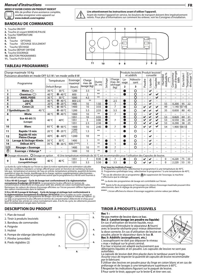 Page 1 de la notice Manuel d'utilisation et d'entretien Indesit BDE 107436 WKV EE