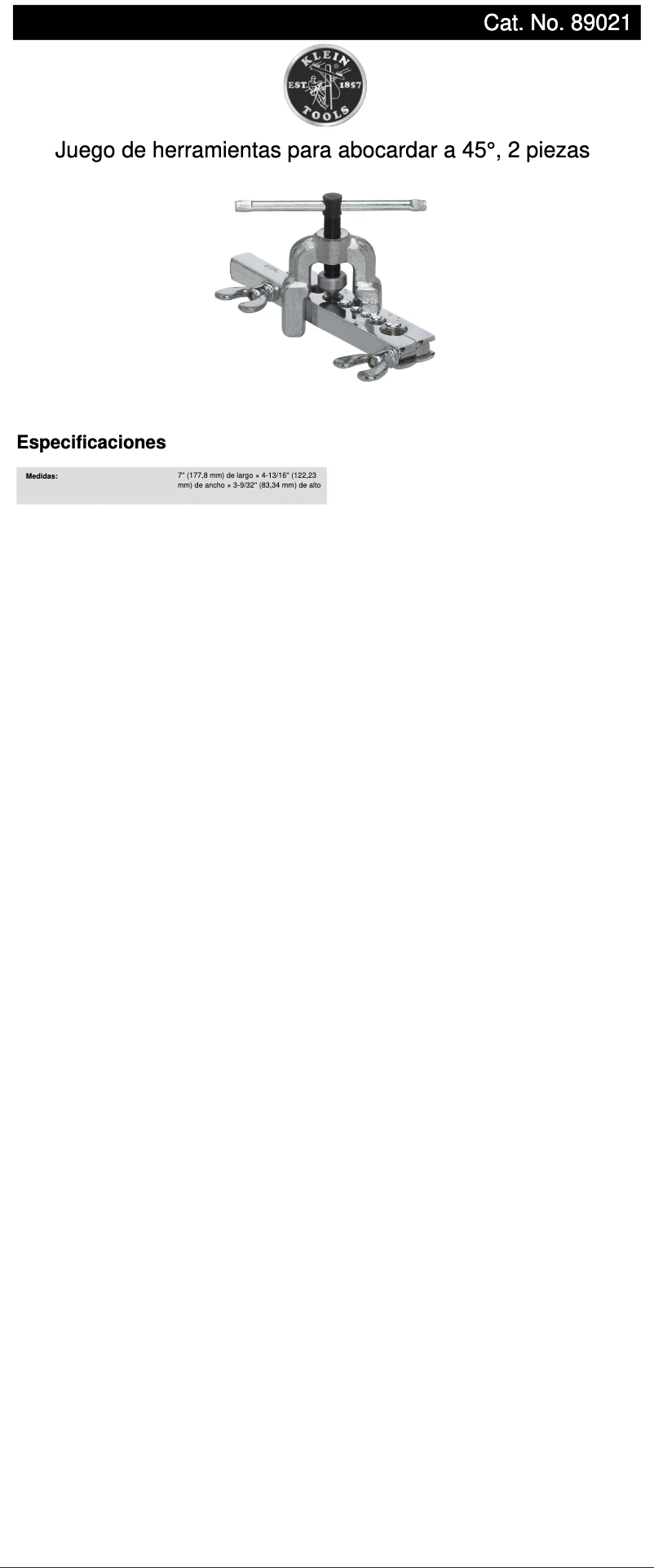 Page 1 of the manual Technical Sheet Klein Tools 89021