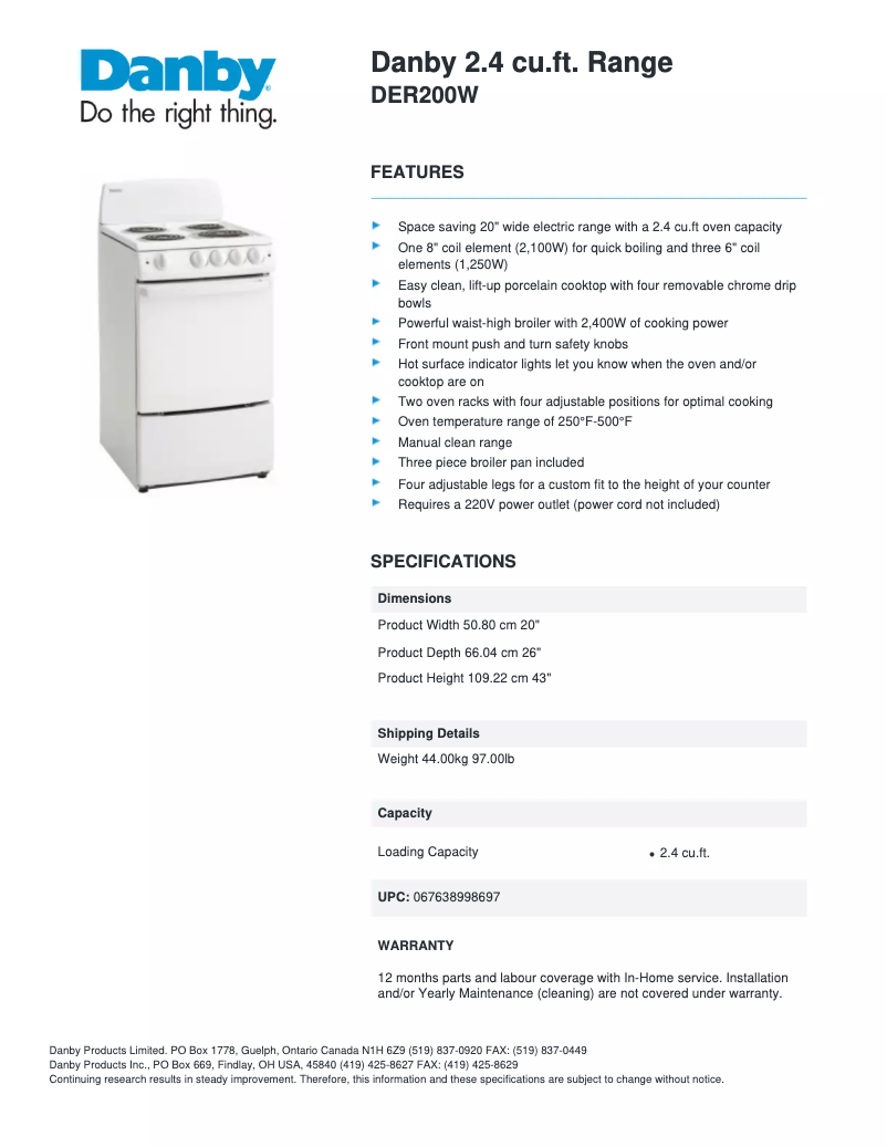 Page 1 de la notice Fiche technique Danby DER200W