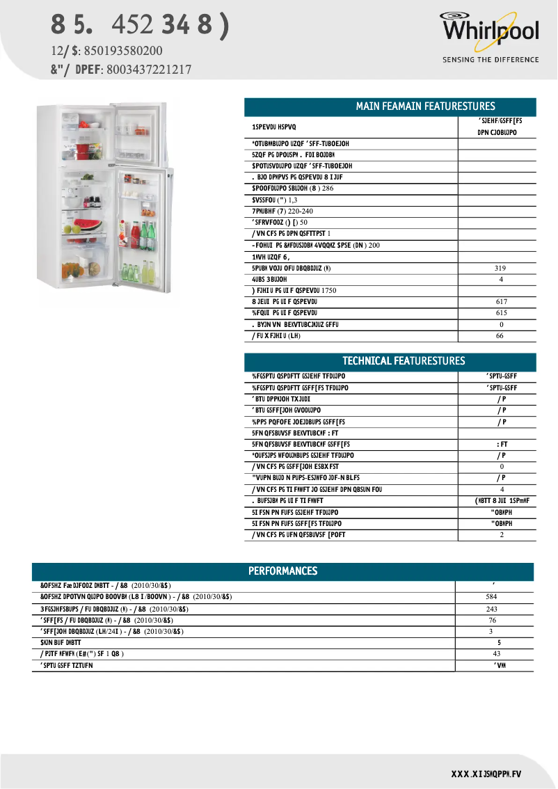 Page 1 de la notice Fiche technique Whirlpool WTM 452 RS WH