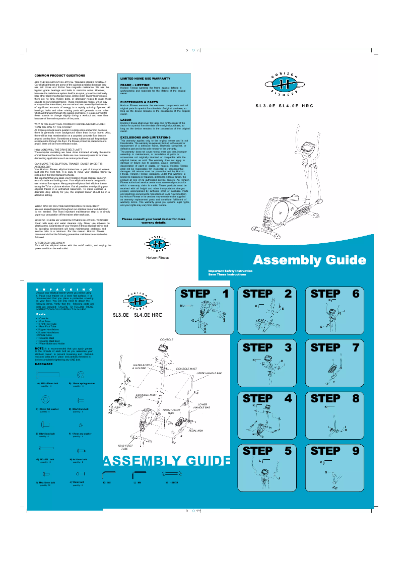 Page 1 de la notice Manuel utilisateur Horizon Fitness SL4.0E HRC