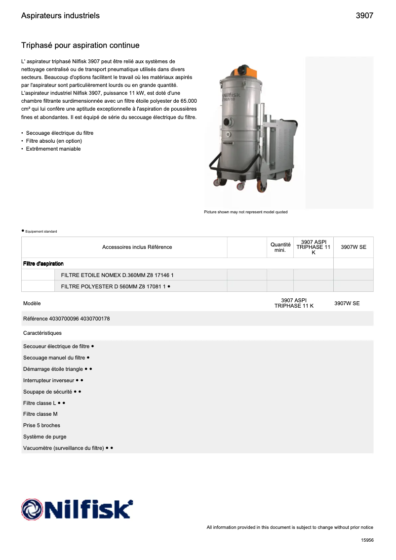 Page 1 de la notice Fiche technique Nilfisk 3907