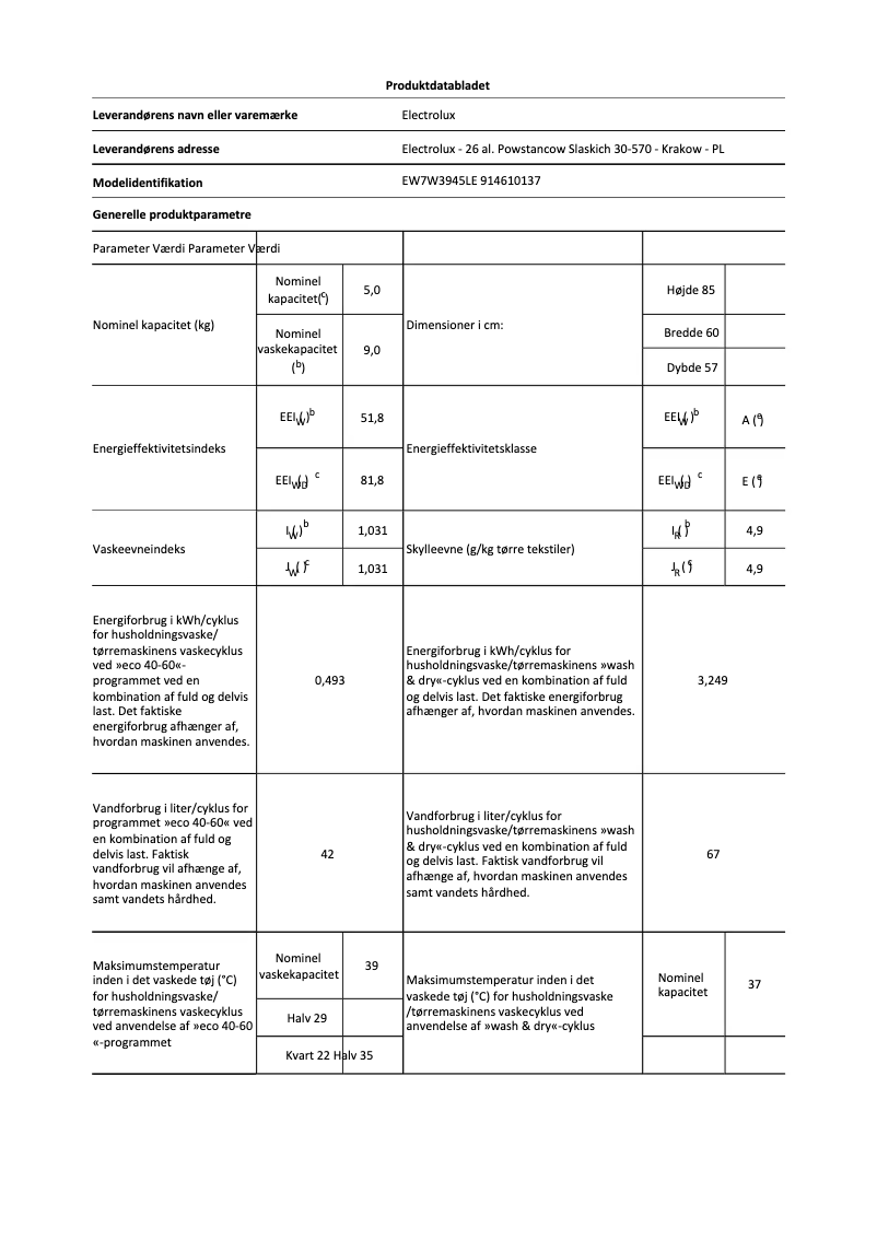 Page 1 de la notice Fiche technique Electrolux EW7W3945LE