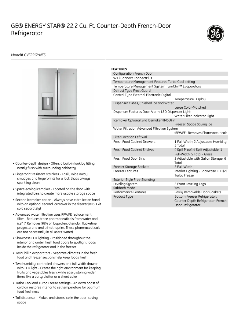 Page 1 of the manual Technical Sheet GE GYE22GYNFS