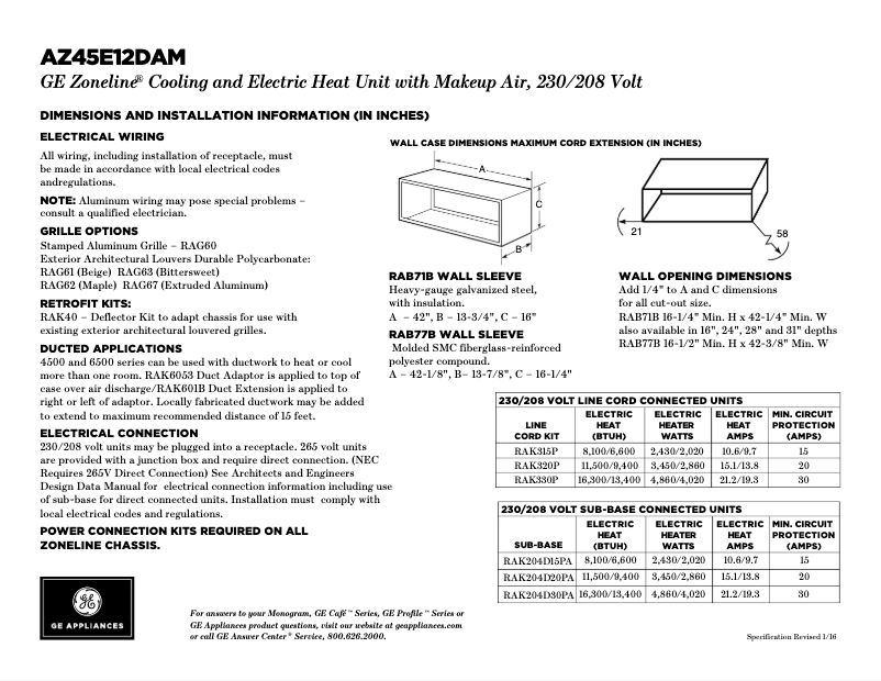 Página 1 del manual Ficha técnica GE AZ45E12DAM
