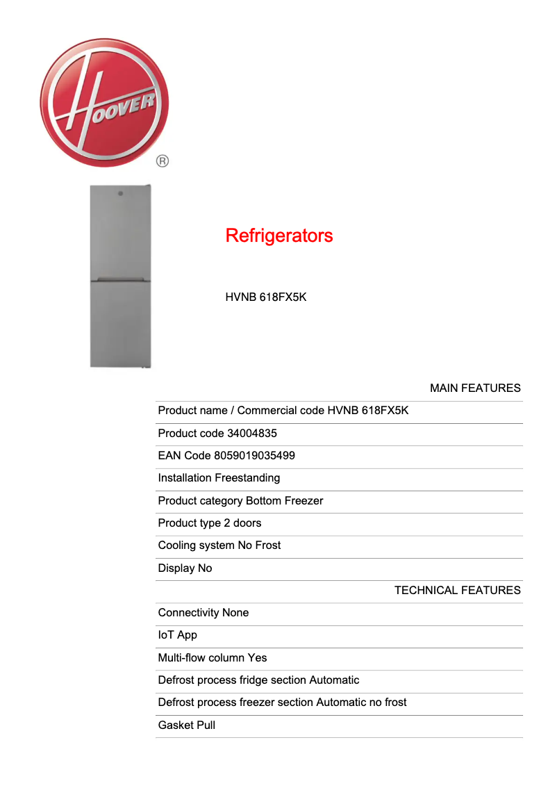 Página 1 del manual Ficha técnica Hoover HVNB 618FX5K