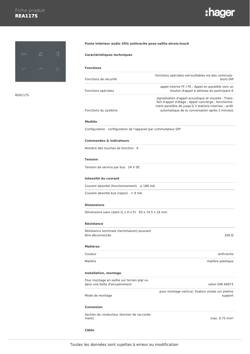 Page 1 de la notice Fiche technique Hager REA117S