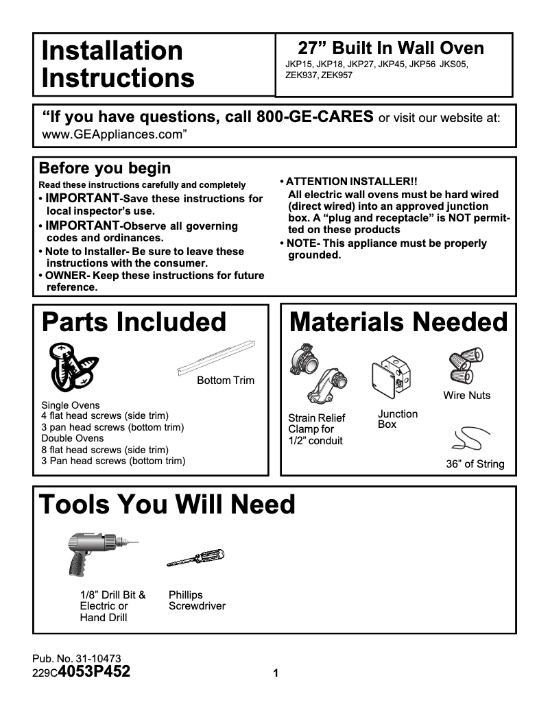 Page 1 de la notice Guide d'installation GE ZEK937SDSS
