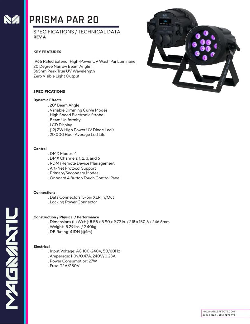 Page 1 of the manual Technical Sheet Elation Prisma Par 20