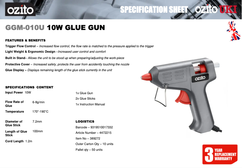 Página 1 del manual Ficha técnica Ozito GGM-010U