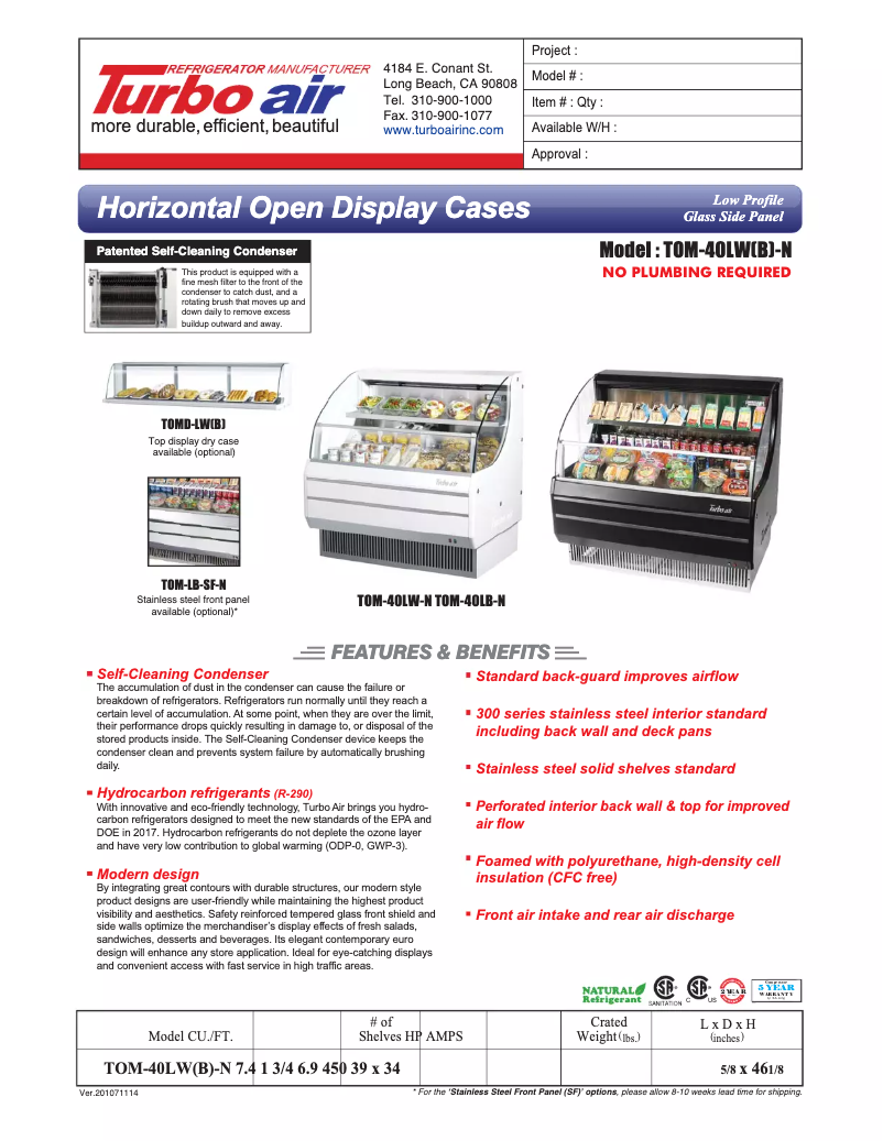 Página 1 del manual Ficha técnica Turbo air TOM-40L