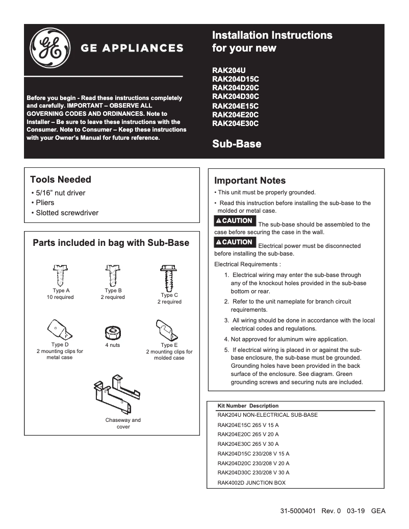 Page 1 of the manual User Manual GE RAK204D30C