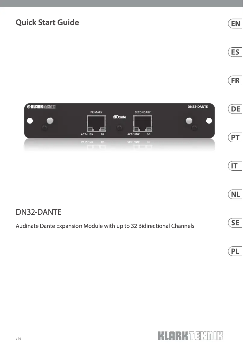 Página 1 del manual Guía de inicio rápido Klark Teknik DN32-DANTE