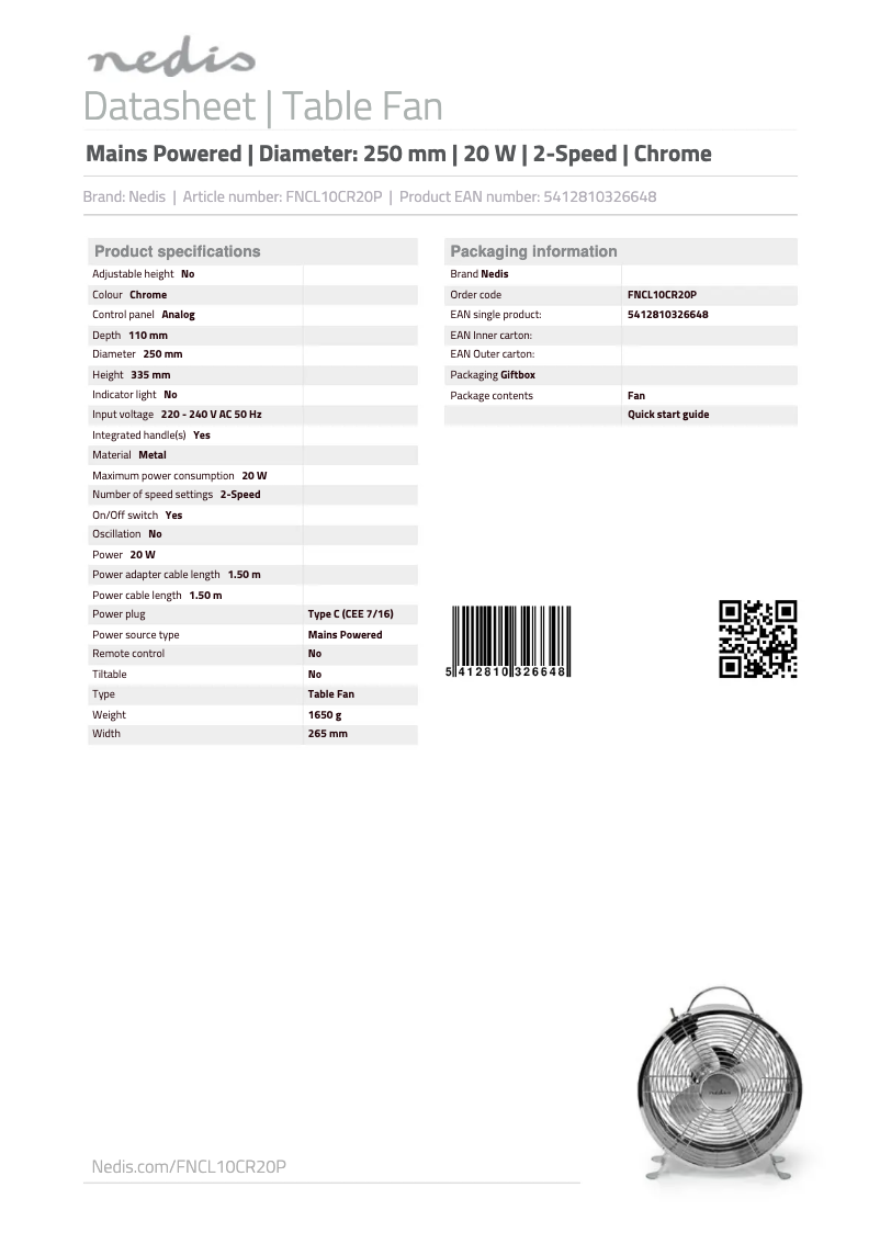 Page 1 de la notice Manuel utilisateur Nedis FNCL10CR20P