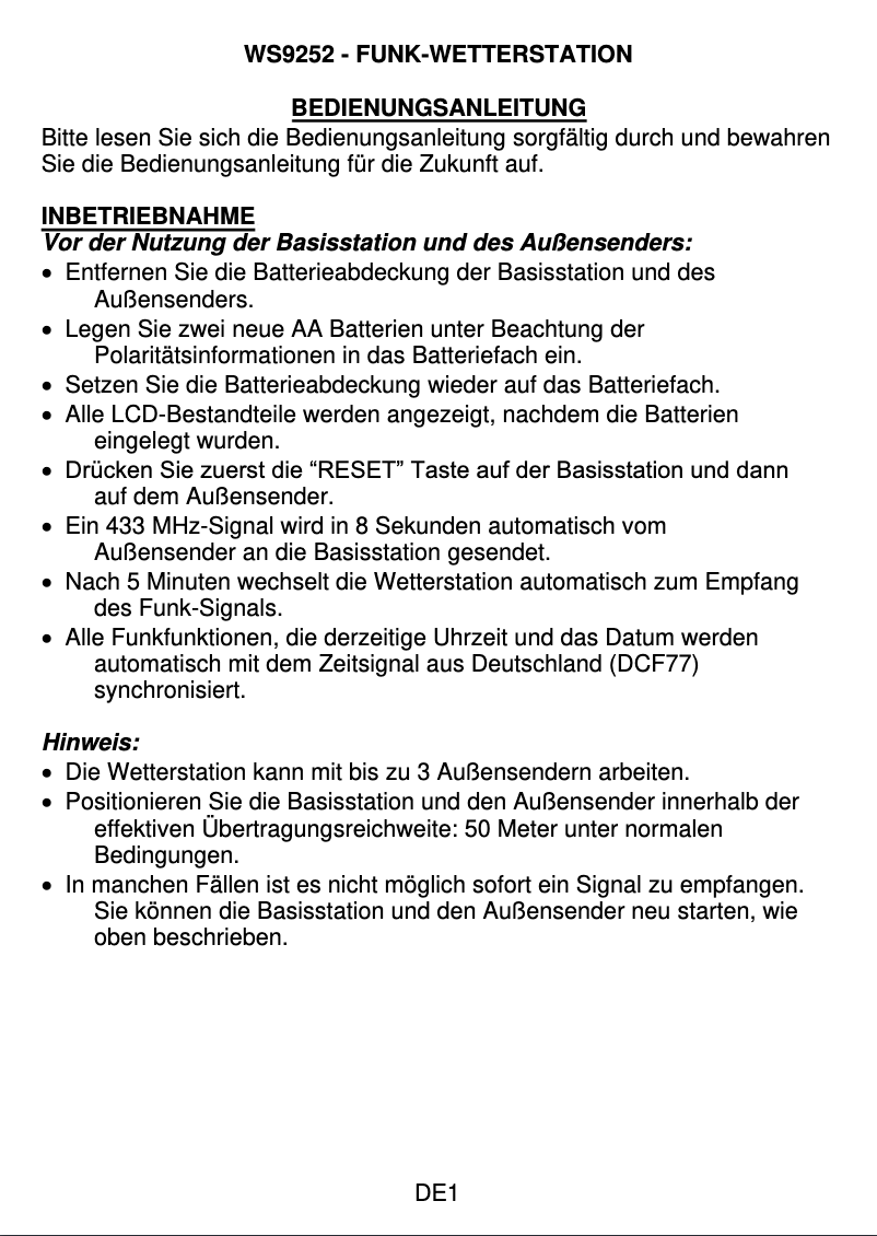 Page 1 de la notice Manuel utilisateur Techno Line WS 9252