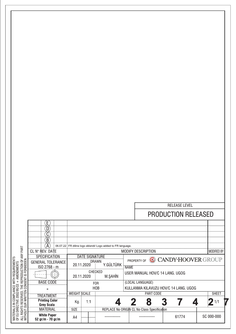 Page 1 de la notice Manuel utilisateur Hoover HVG6BR4WK3W