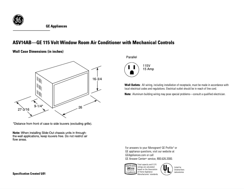Page 1 of the manual Technical Sheet GE ASV14AB