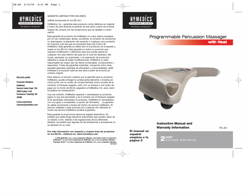 Page 1 de la notice Manuel utilisateur Homedics PA-4H